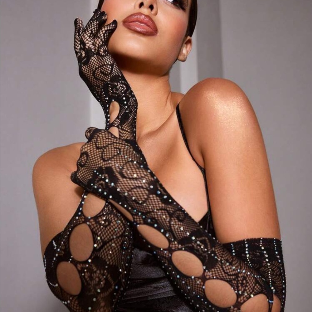 1 Pair Women's Cute, Sexy Diamond/Crystal Embellished, Lace Black Sparkly